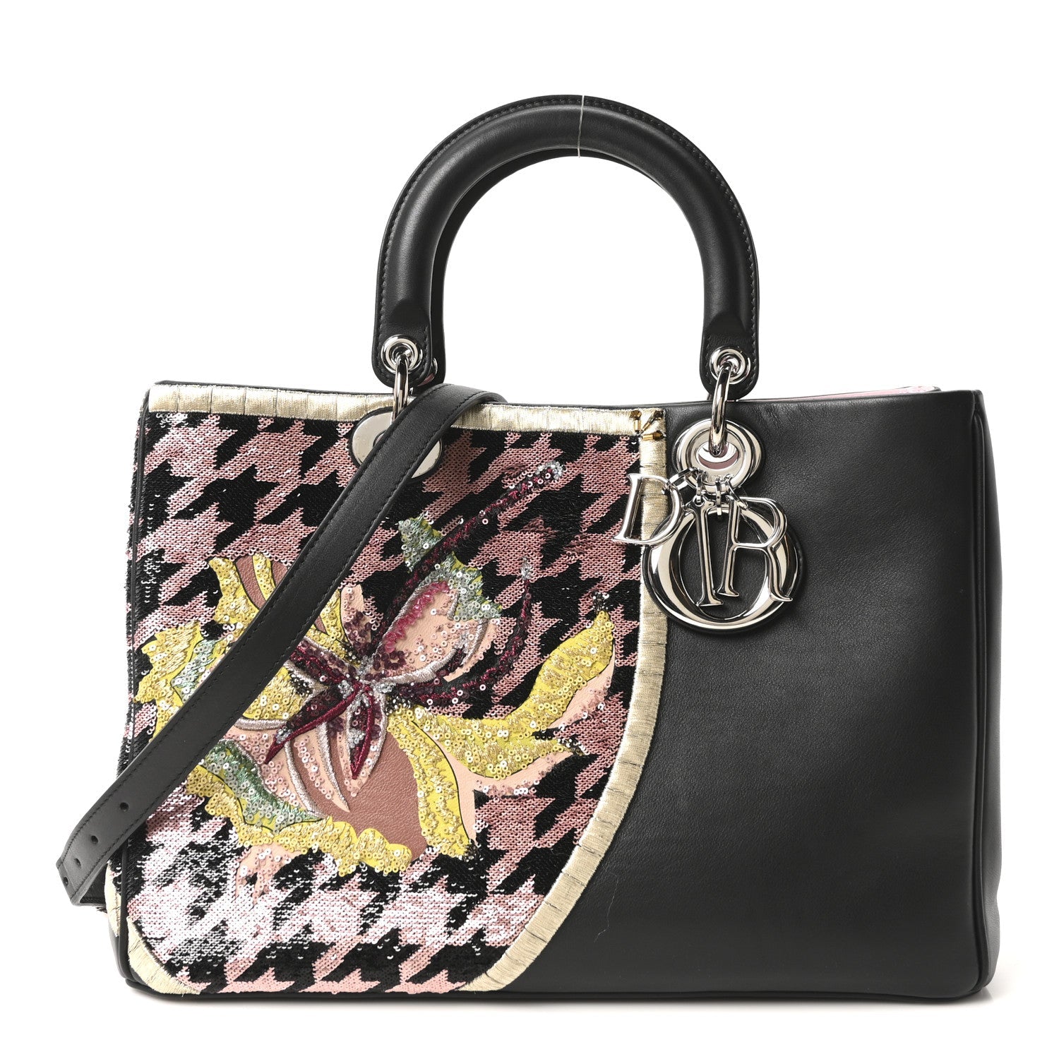 Christian Dior Smooth Calfskin Sequin Houndstooth Embroidered Medium Diorissimo Black
