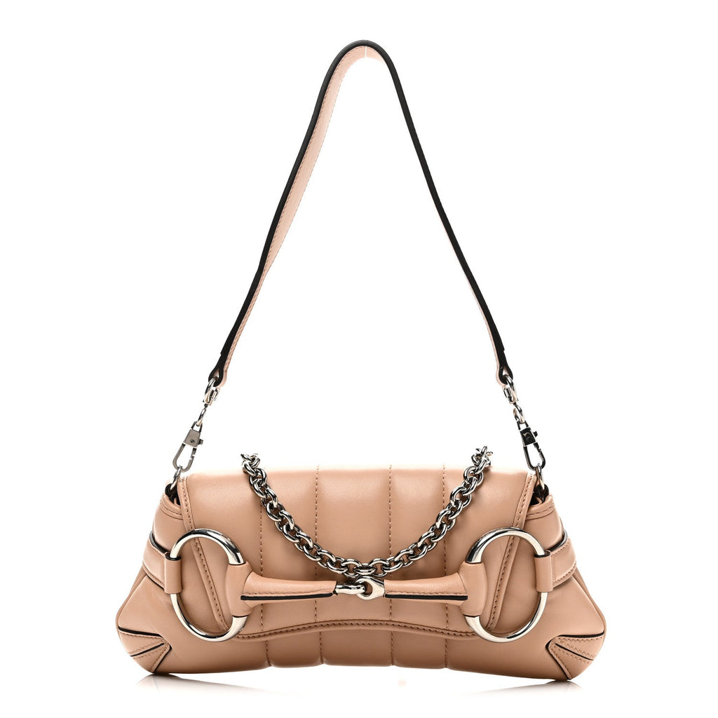 Gucci Nappa Vertical Matelasse Small Maxi Horsebit Chain Shoulder Bag Beige