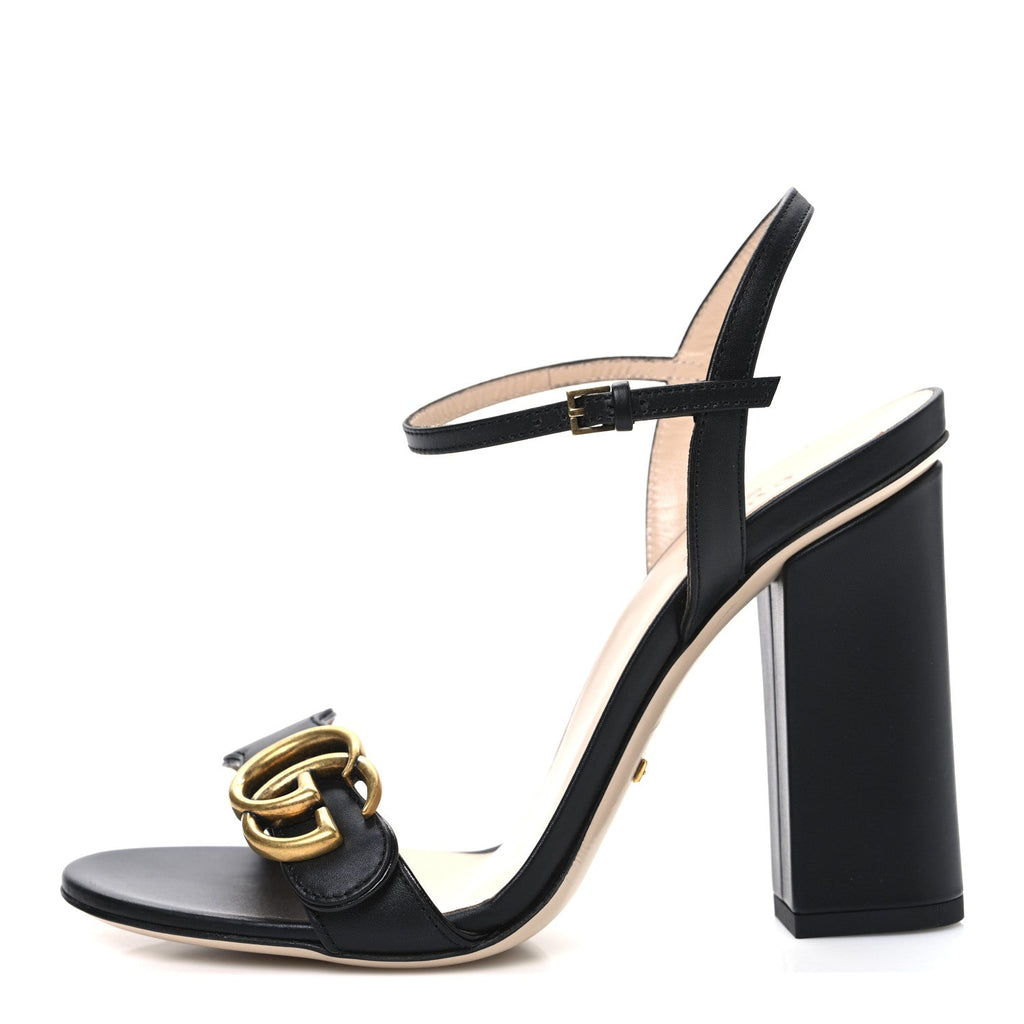 Gucci Lifford Calfskin GG Marmont Ankle Wrap 105mm Sandals 37 Black
