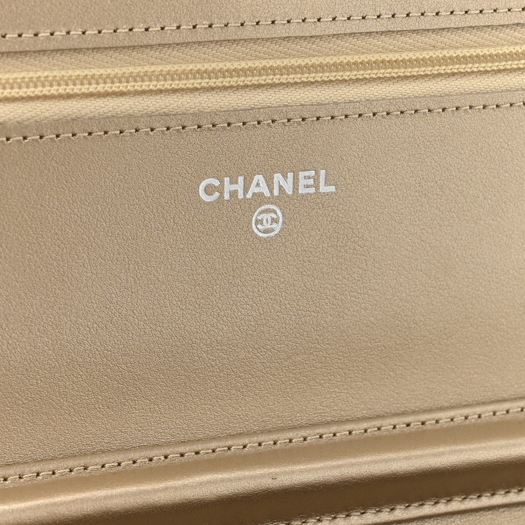 Chanel Metallic Lambskin Quilted Wallet On Chain WOC Gold Black