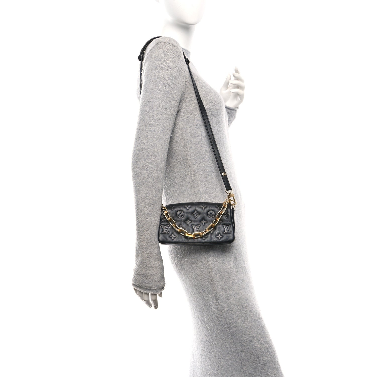 Louis Vuitton Lambskin Embossed Monogram Pochette Coussin Crossbody Black