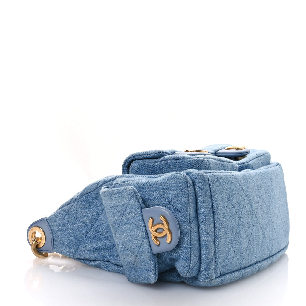 Chanel Washed Denim Quilted Cargo Large Hobo Light Blue