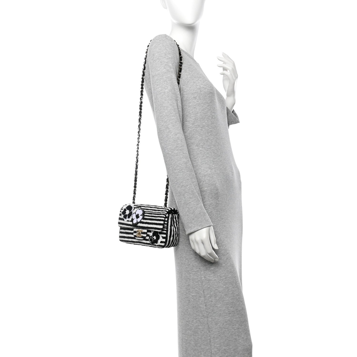 Chanel Striped Tweed Sequin Quilted Camellia Embellished Mini Rectangular Flap Ecru Black
