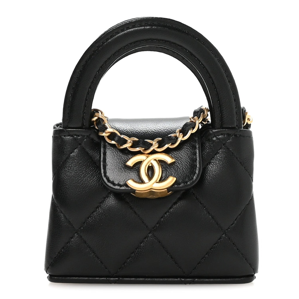 Chanel Shiny Lambskin Quilted Mini Kelly Bag Charm Black