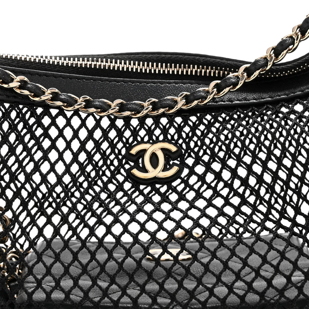 Chanel Mesh Shiny Lambskin Chain Hobo Black