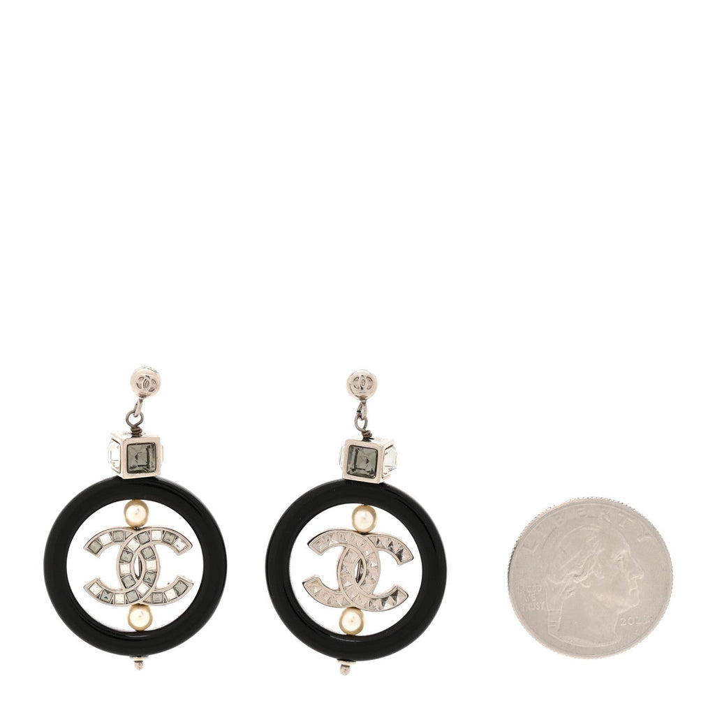 Metal Resin Crystal Pearl CC Drop Earrings Black Silver