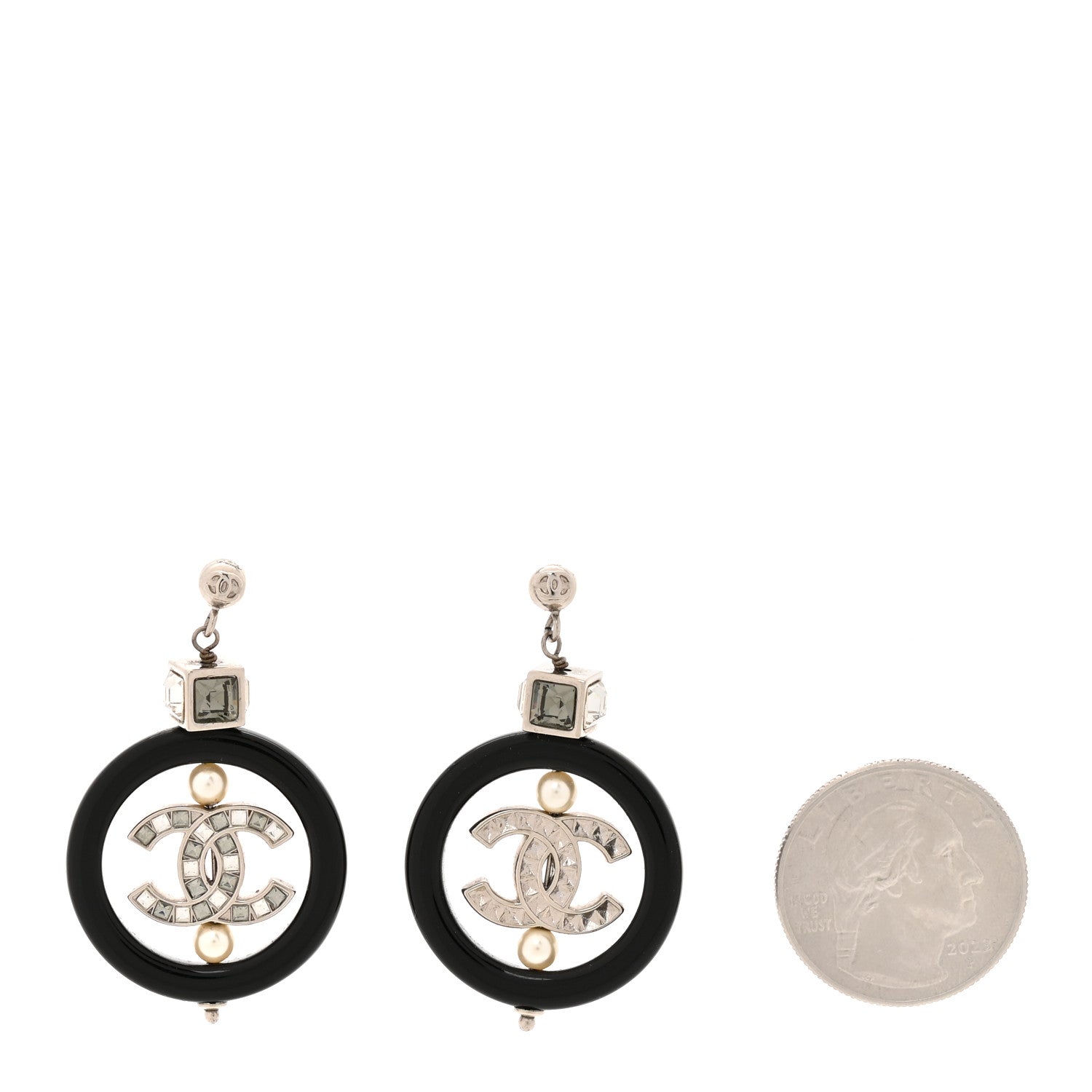 Metal Resin Crystal Pearl CC Drop Earrings Black Silver