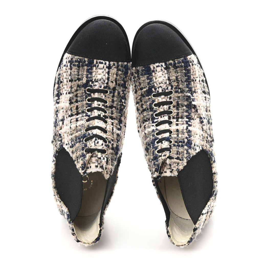 Chanel Tweed Calfskin Pearl Combat Short Boots 36 Beige Pink Black