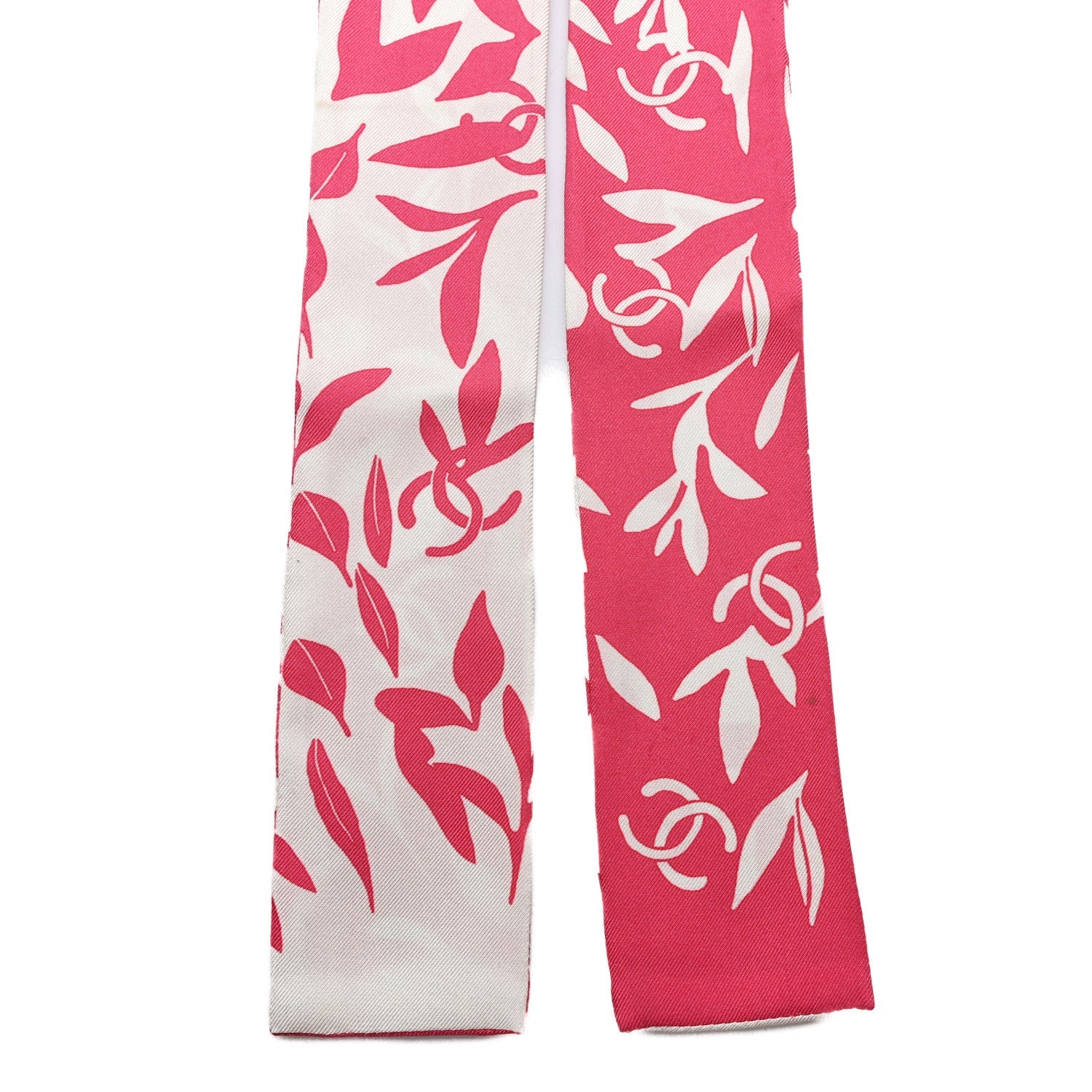 Chanel Silk Twill Slim Leaf CC Bandeau Scarf Pink White