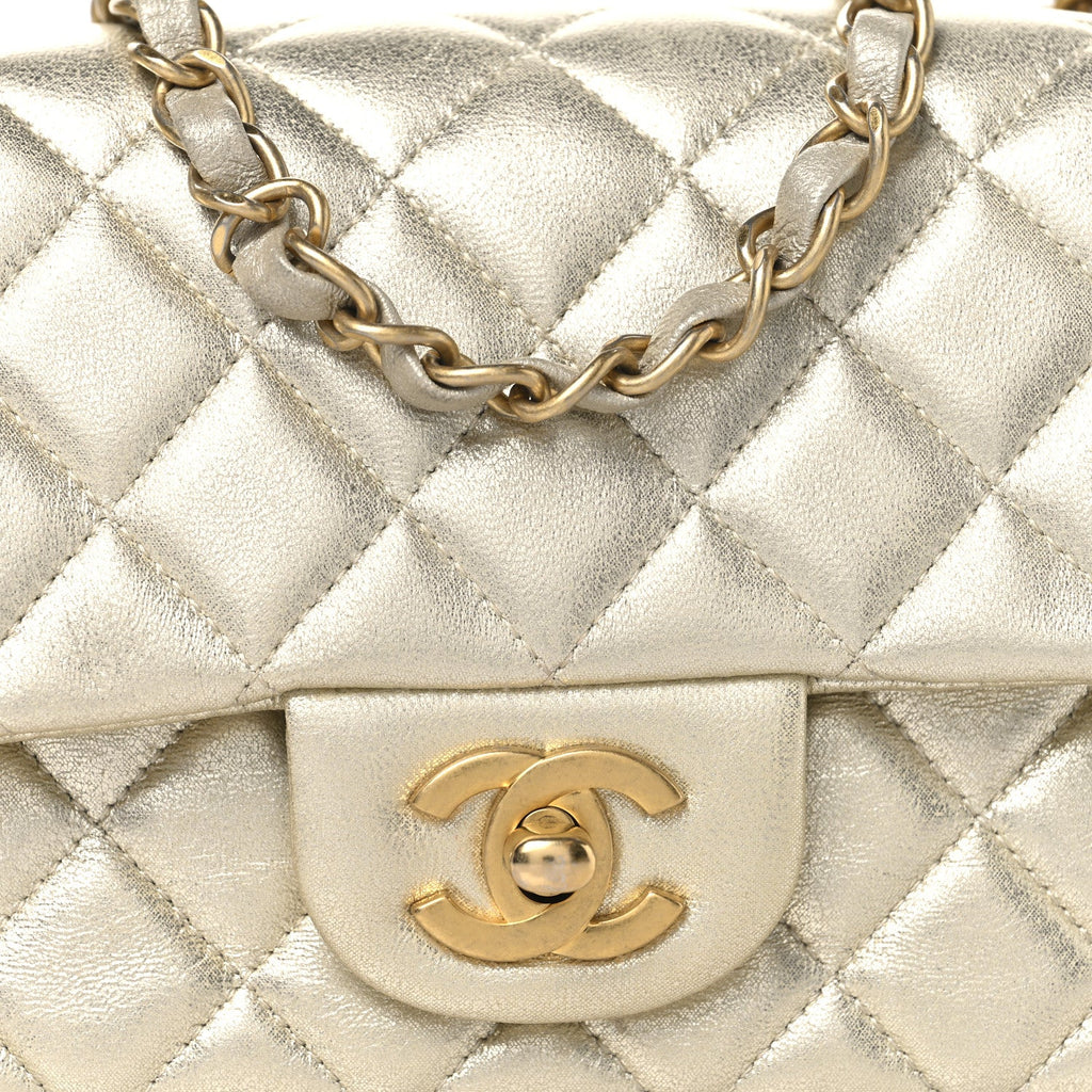 Chanel Metallic Lambskin Quilted Mini Rectangular Flap Gold