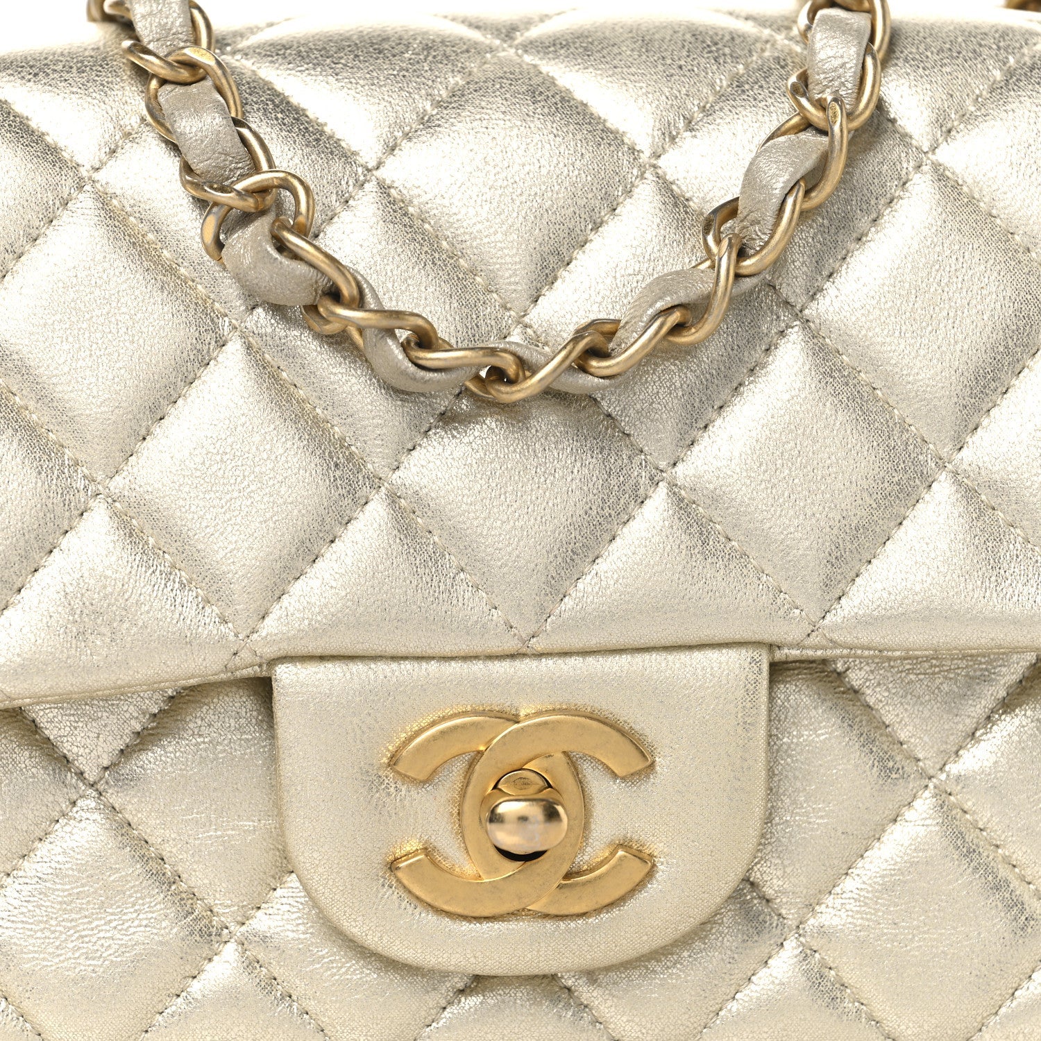 Chanel Metallic Lambskin Quilted Mini Rectangular Flap Gold