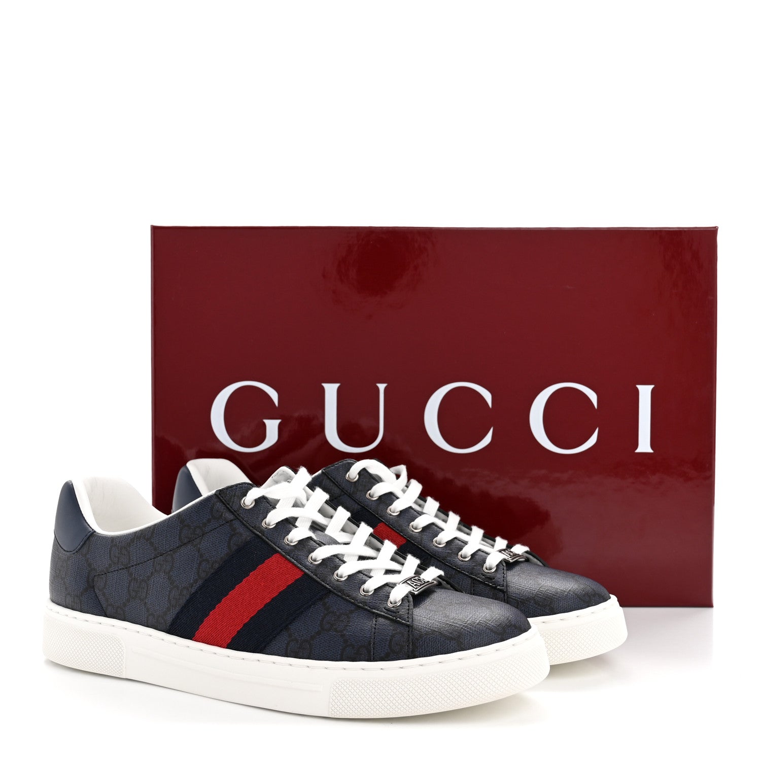 Gucci GG Supreme Monogram Web Mens New Ace Sneakers 8.5 Dark Blue