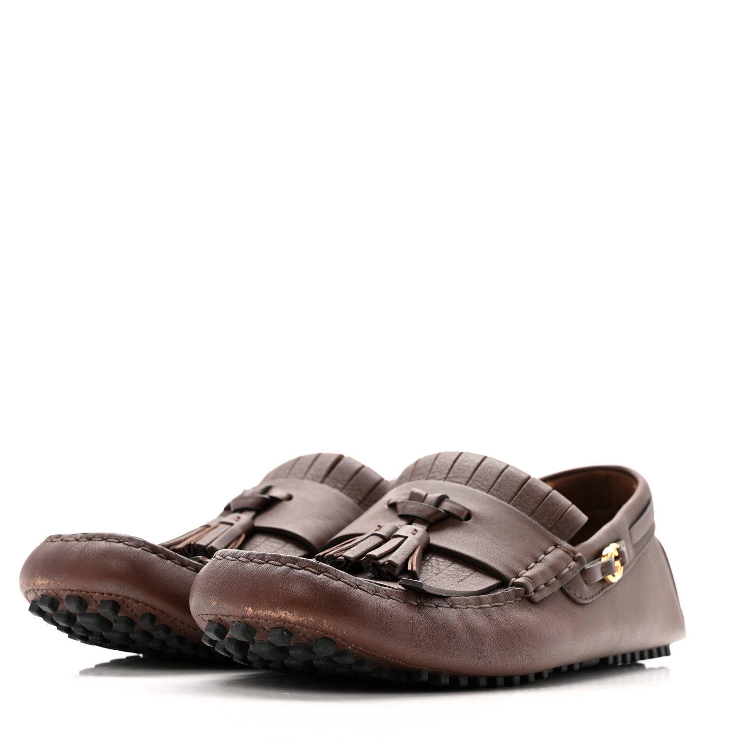 Gucci Calfskin Fringe Interlocking G Mens Driver Loafers 8 Brown