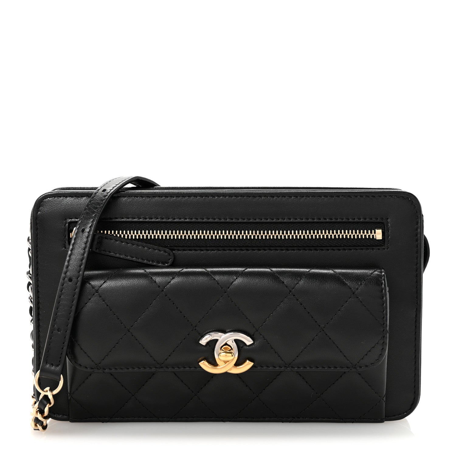 Chanel Lambskin Quilted Front Pocket Clutch With Chain Black