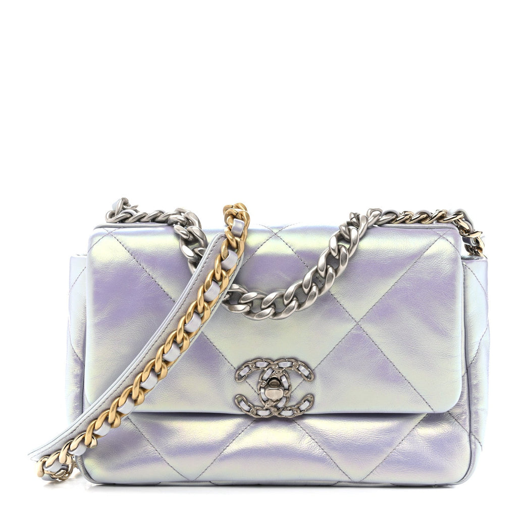 Chanel Iridescent Calfskin Quilted Medium Chanel 19 Flap Light Purple Blue