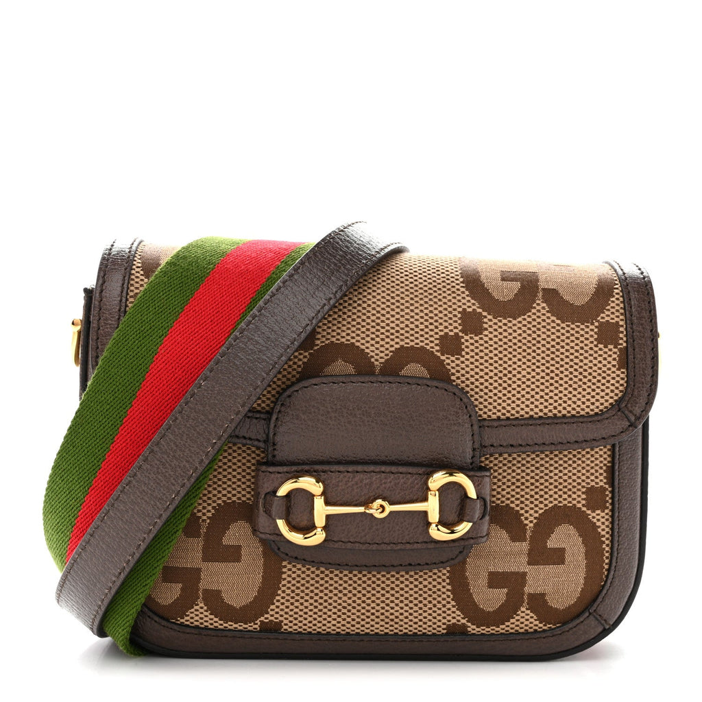 Gucci Monogram Jumbo GG Textured Dollar Calfskin Web Mini Horsebit 1955 Shoulder Bag Camel Ebony New Acero