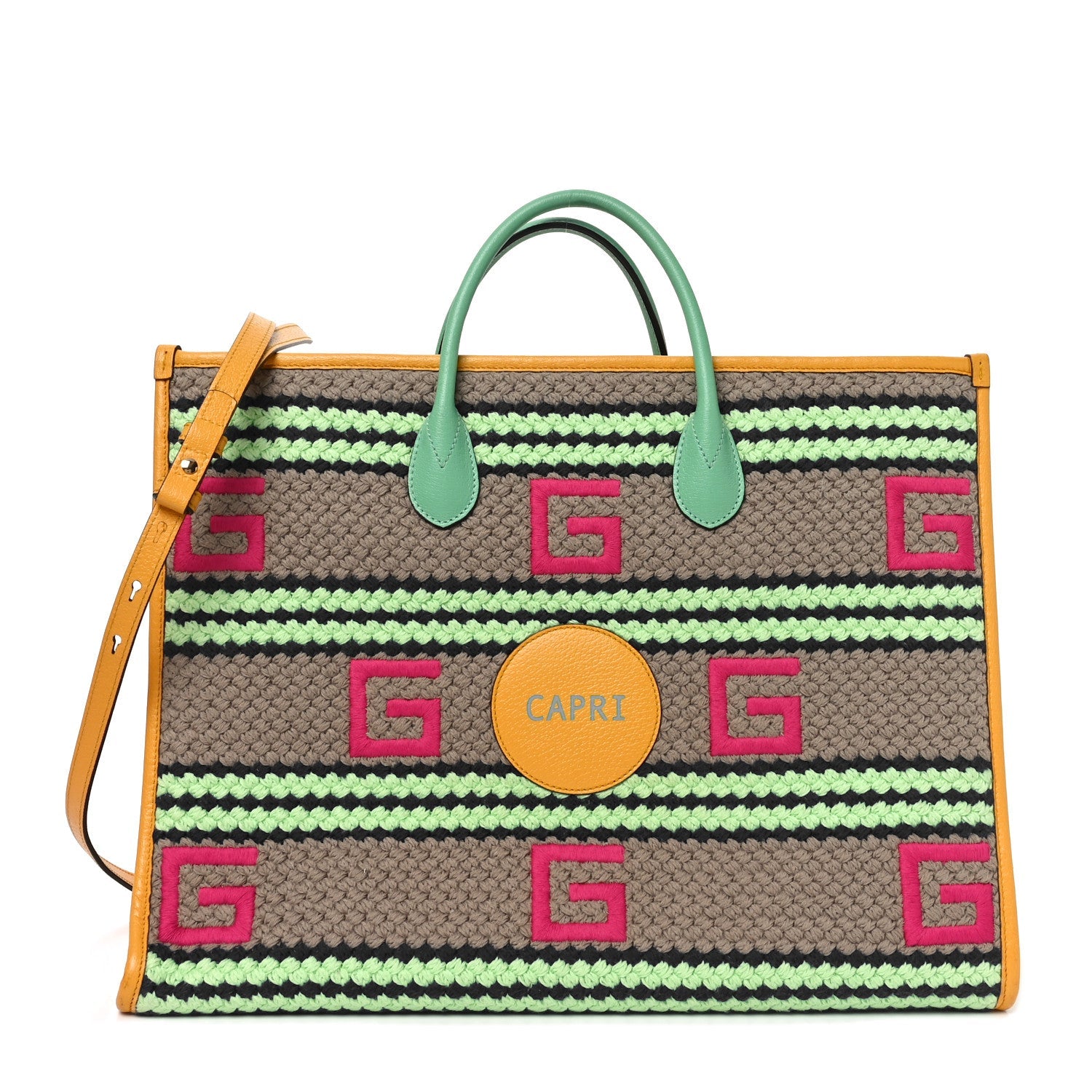 Gucci Fabric Embroidered Capri Striped Tote Bag Yellow