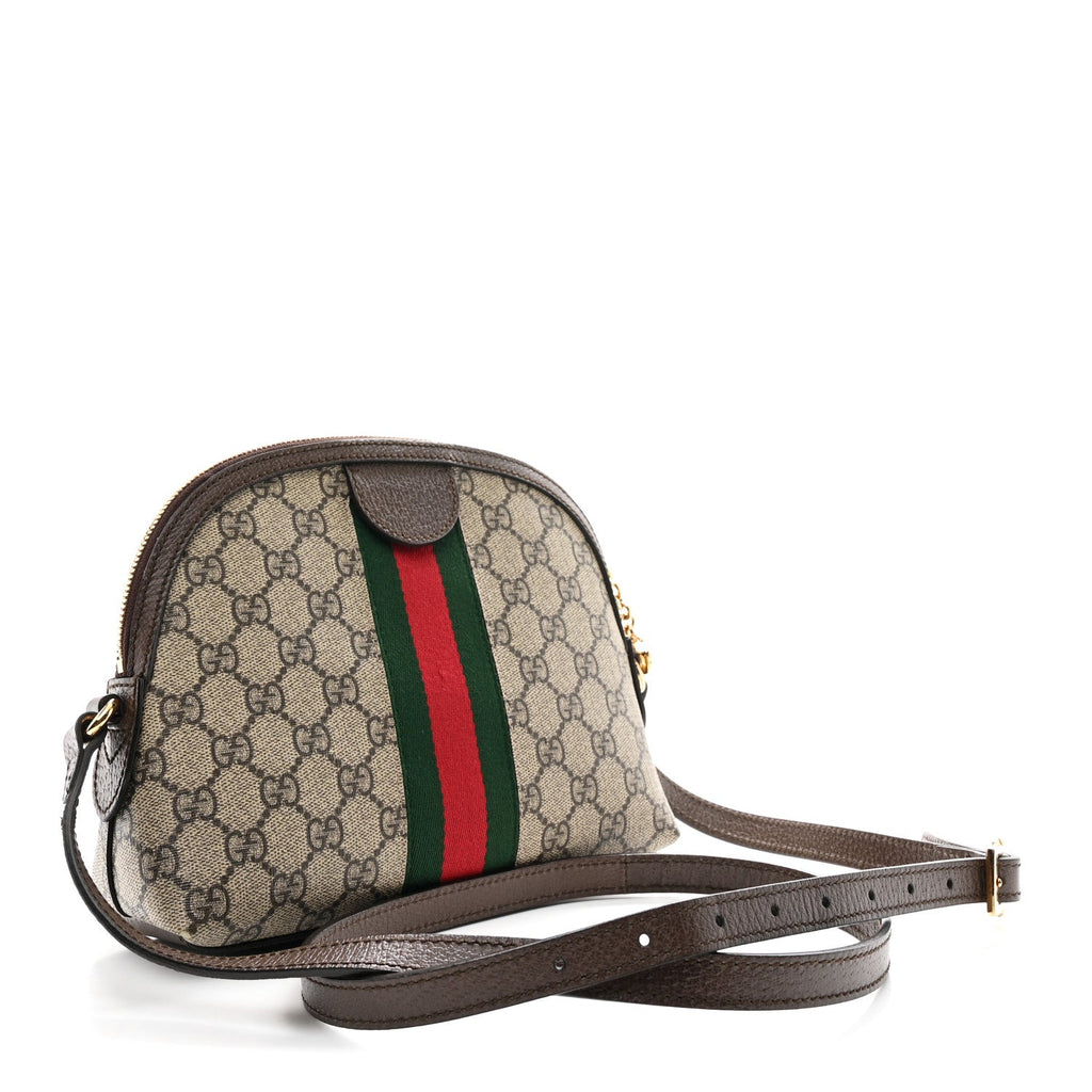Gucci GG Supreme Monogram Textured Dollar Calfskin Web Small Ophidia Dome Shoulder Bag Beige Ebony New Acero