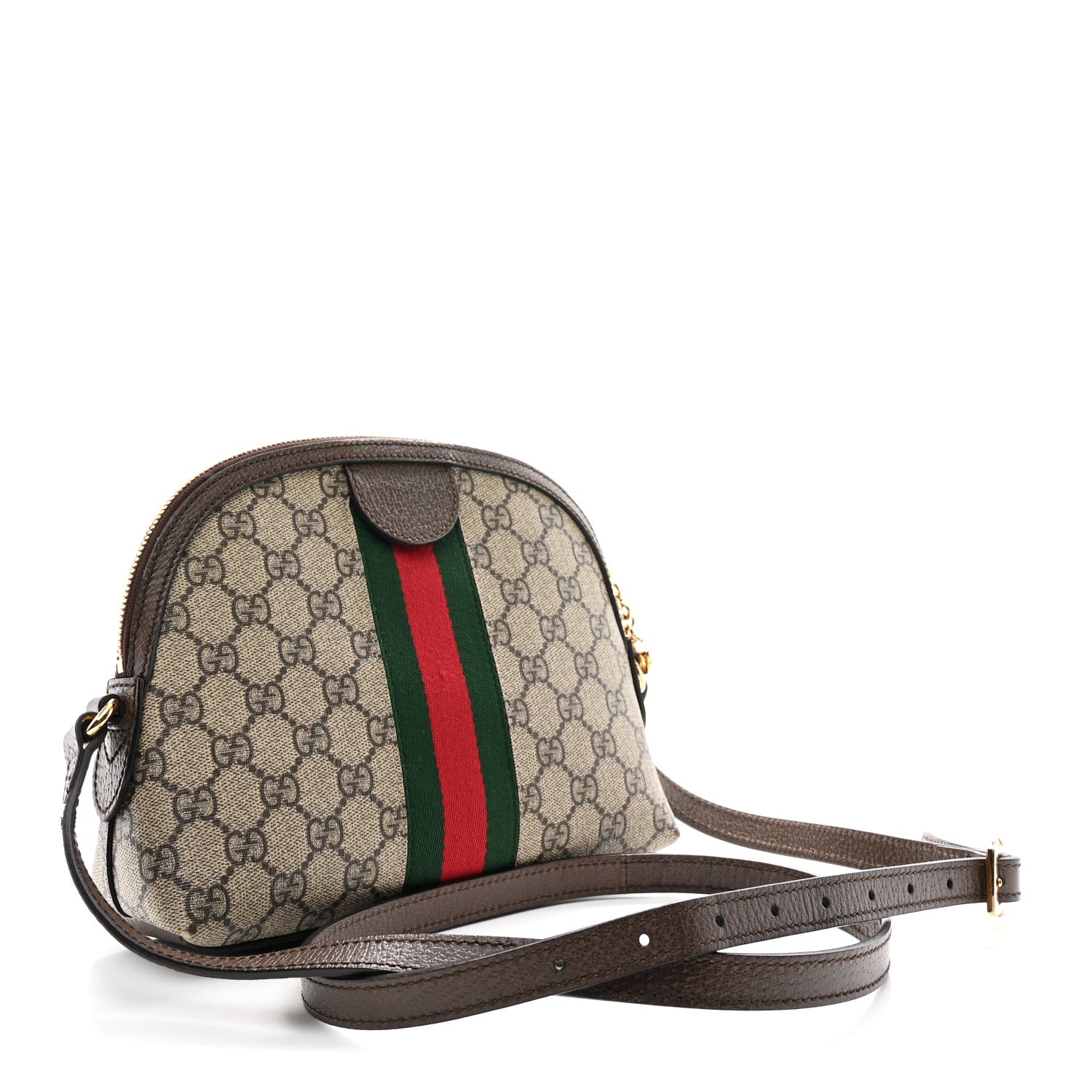 Gucci GG Supreme Monogram Textured Dollar Calfskin Web Small Ophidia Dome Shoulder Bag Beige Ebony New Acero