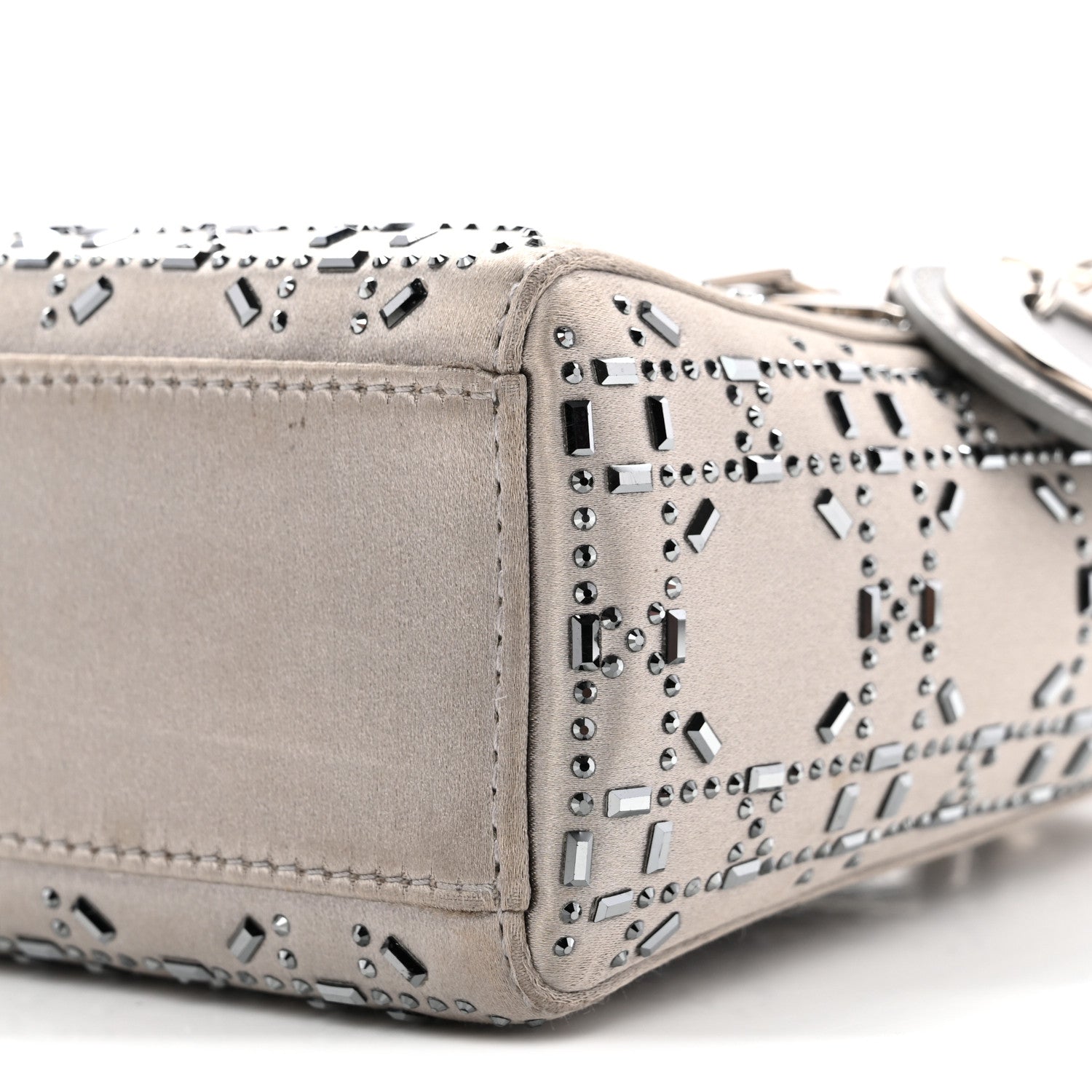 Christian Dior Satin Crystal Cannage Mini Lady Dior Gray