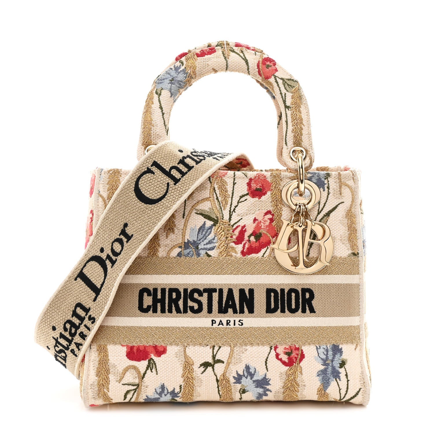 Christian Dior Canvas Embroidered Hibiscus Printed Medium Lady D-Lite Beige Multicolor