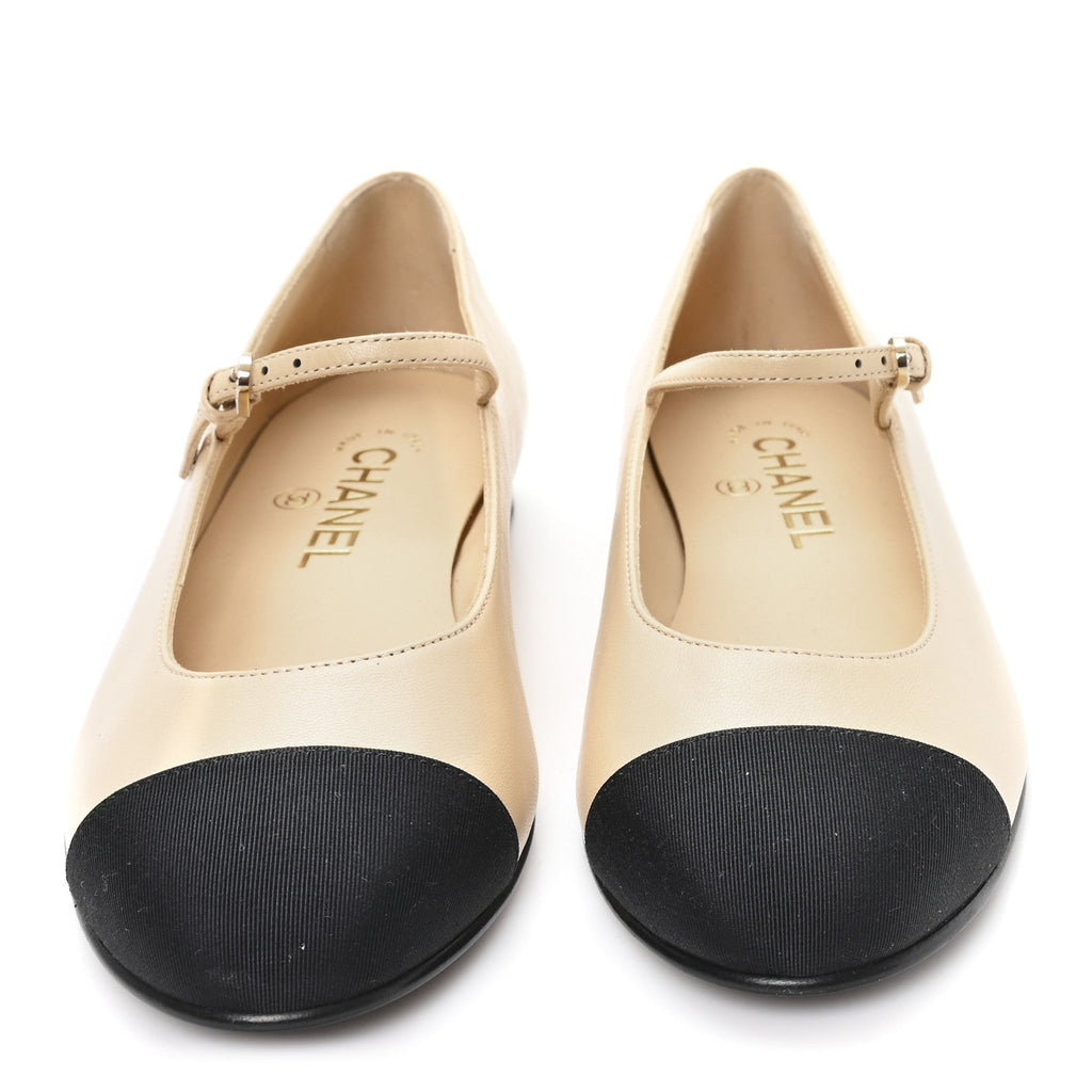 Goatskin Grosgain Cap Toe Pearl Mary Jane Flats 36.5 Beige Black