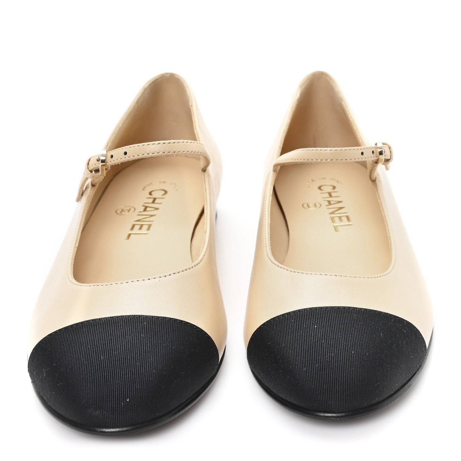 Goatskin Grosgain Cap Toe Pearl Mary Jane Flats 36.5 Beige Black