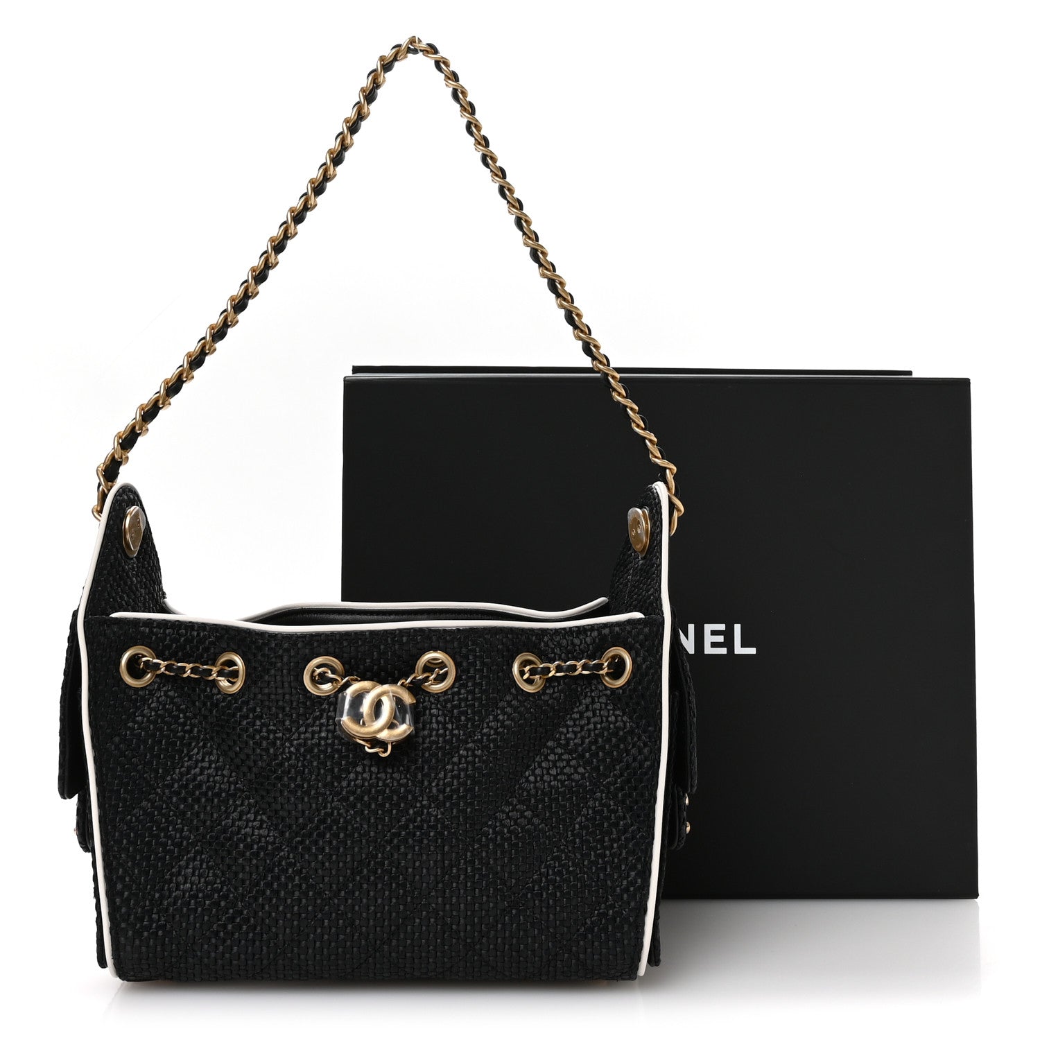 Chanel Braided Raffia Calfskin Quilted Mini Chanel 25 Handbag Black White