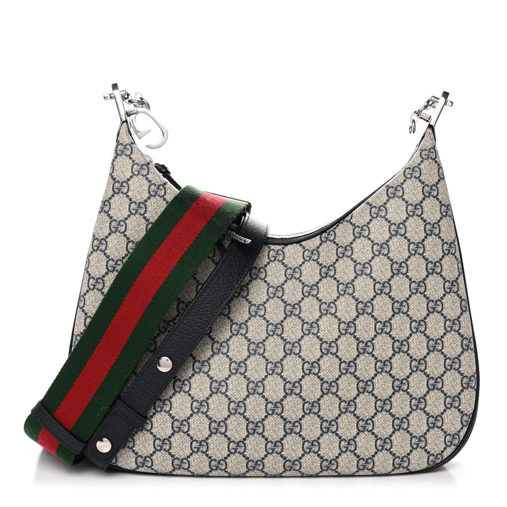 Gucci GG Supreme Monogram Textured Calfskin Web Large Attache Shoulder Bag Beige Blue
