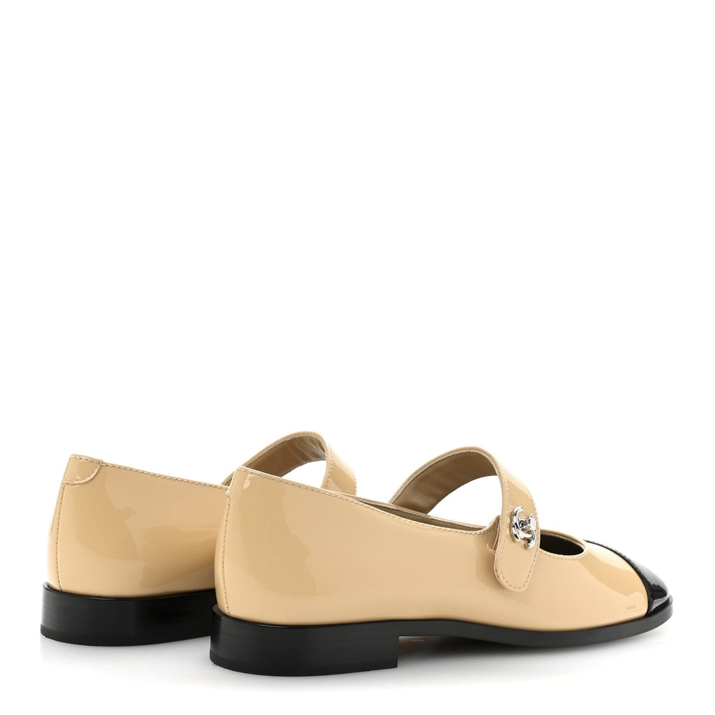 Patent Calfskin Mary Janes Flats 37 Beige Black