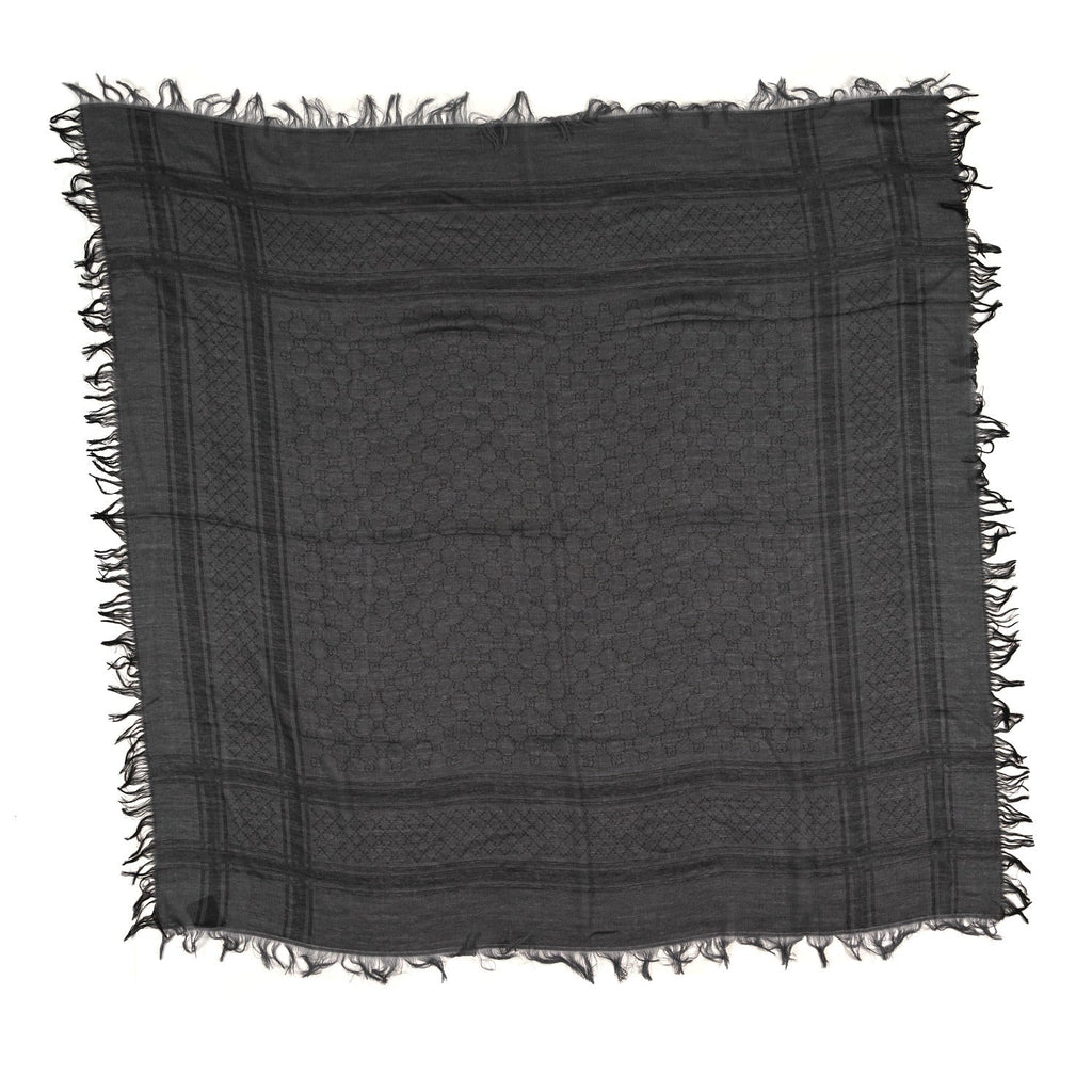 Gucci Wool Silk GG Monogram Diamante Plaid Surviee Shawl Graphite Black