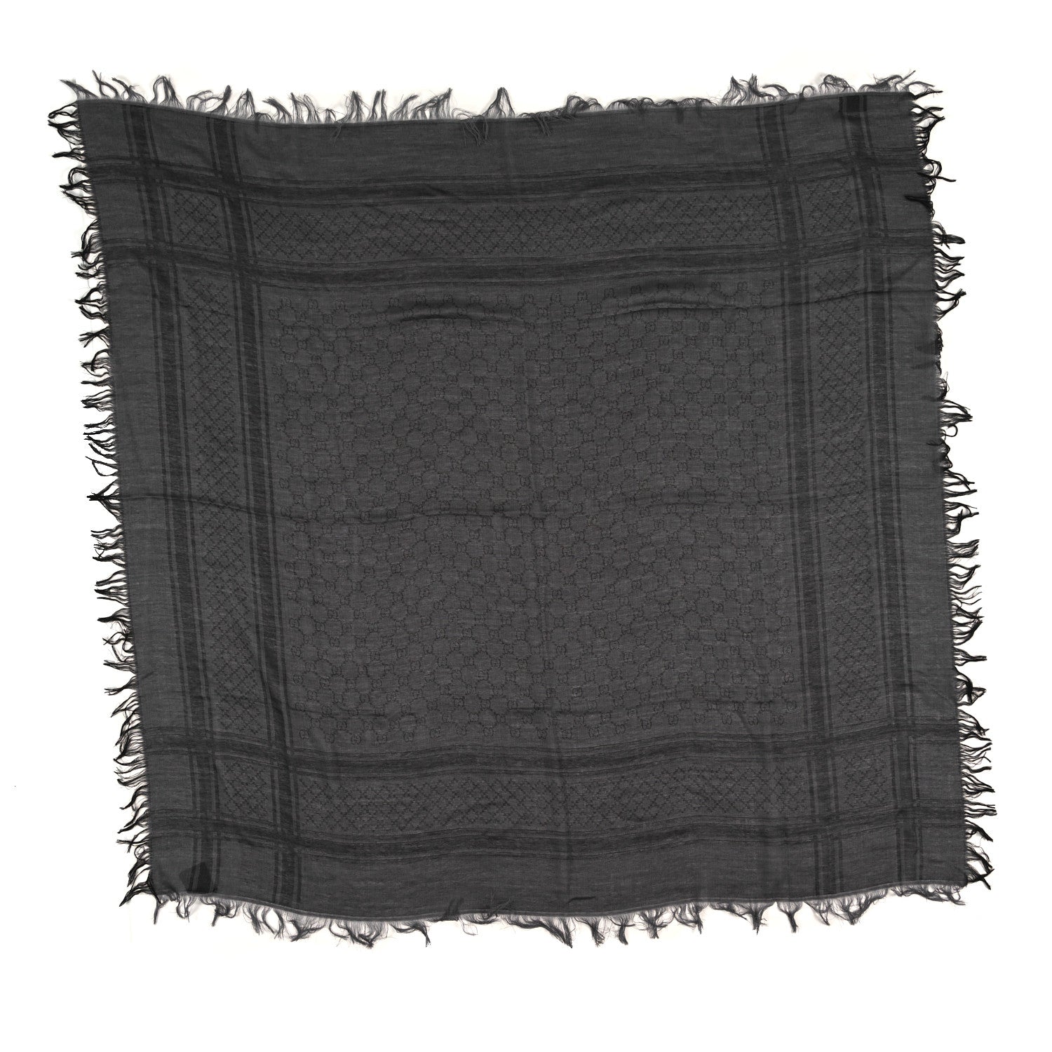 Gucci Wool Silk GG Monogram Diamante Plaid Surviee Shawl Graphite Black