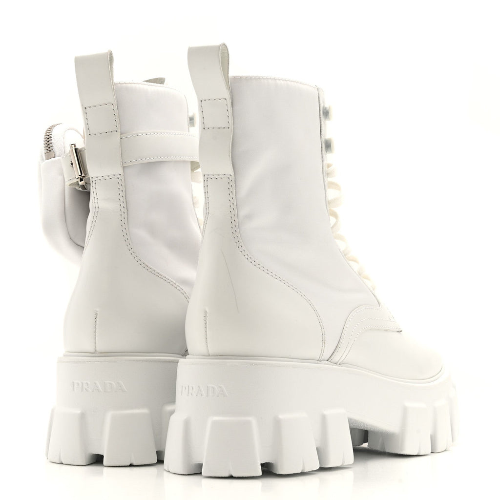 Prada Spazzolato Rois Re-Nylon Metal Triangle Logo Monolith Pouch Pocket 55mm Boots 40 White
