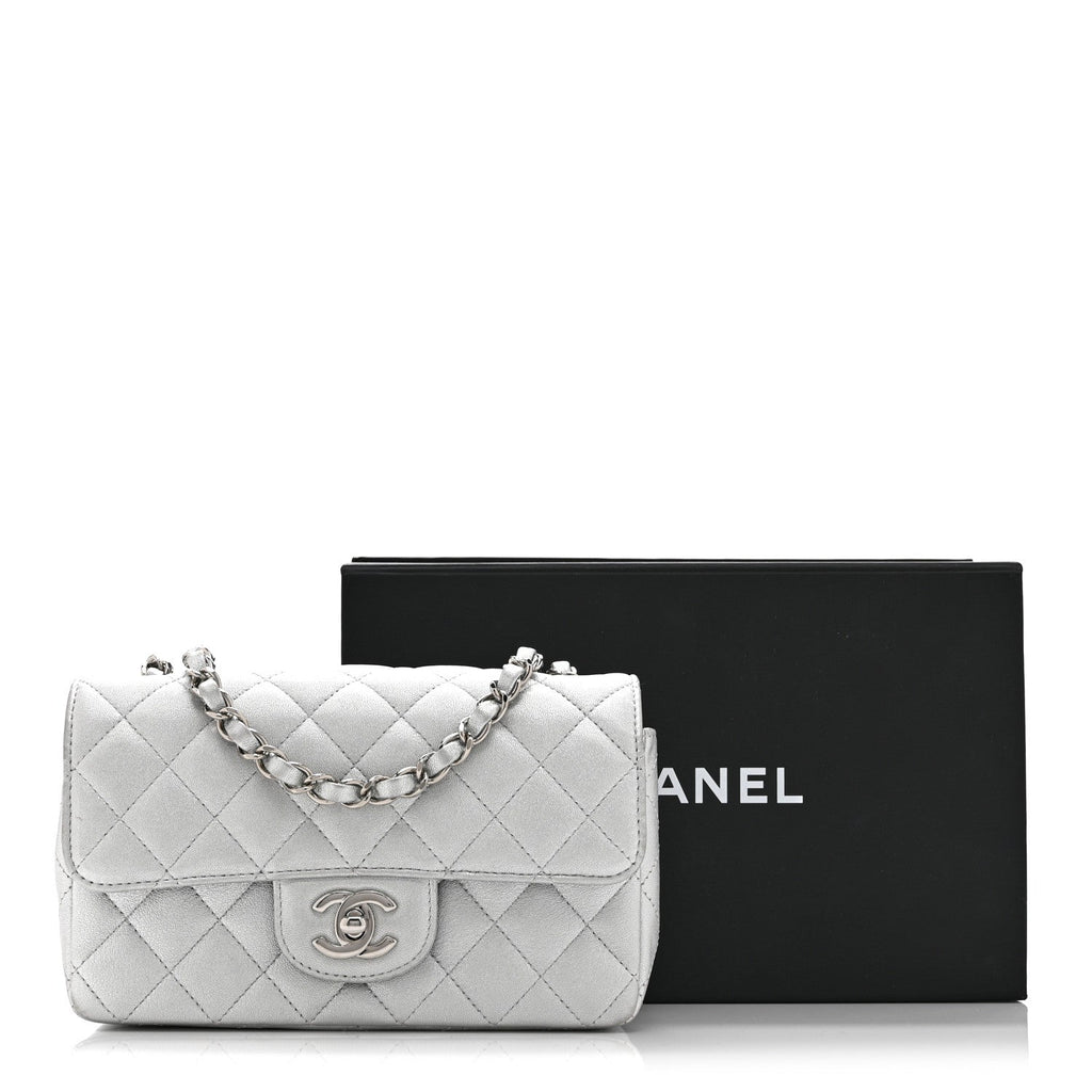 Chanel Metallic Lambskin Quilted Mini Rectangular Flap Silver