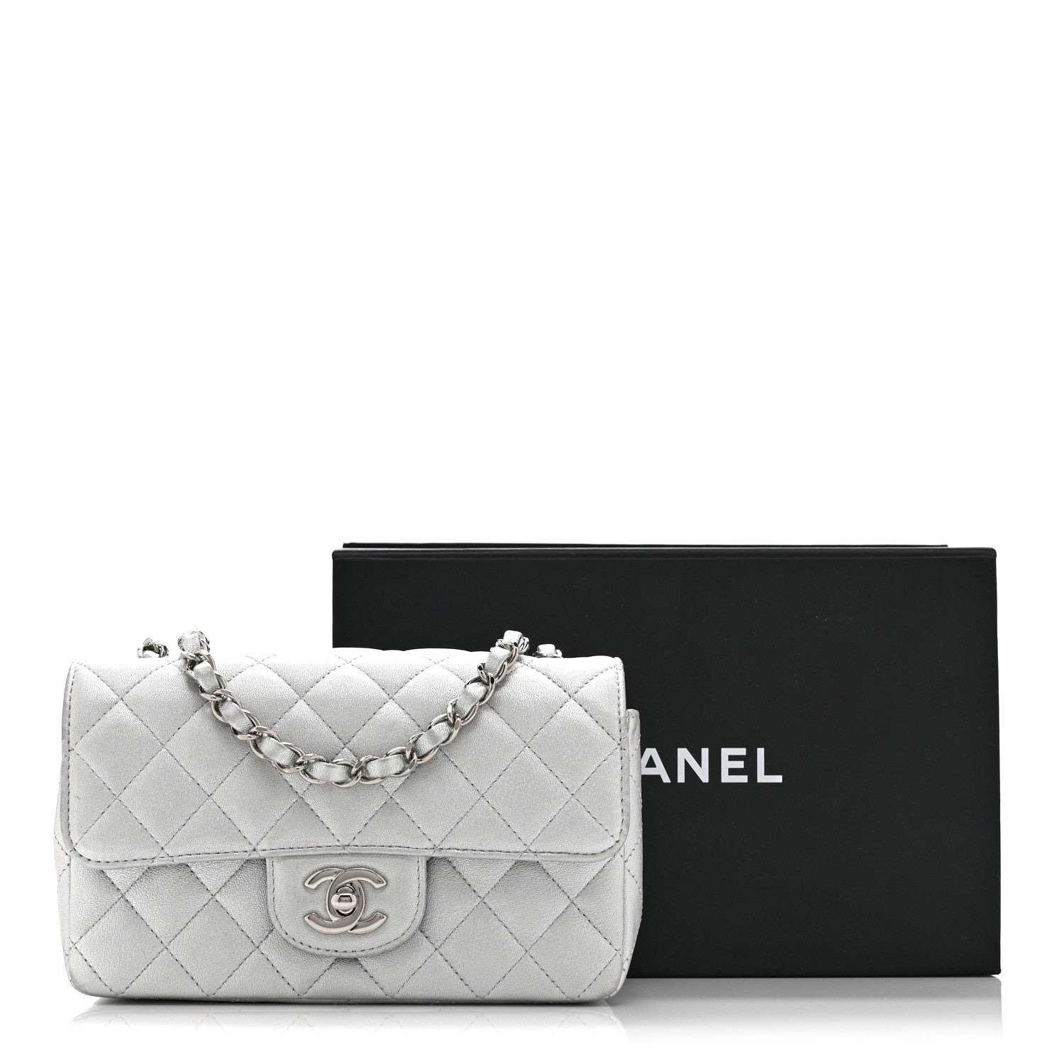 Chanel Metallic Lambskin Quilted Mini Rectangular Flap Silver