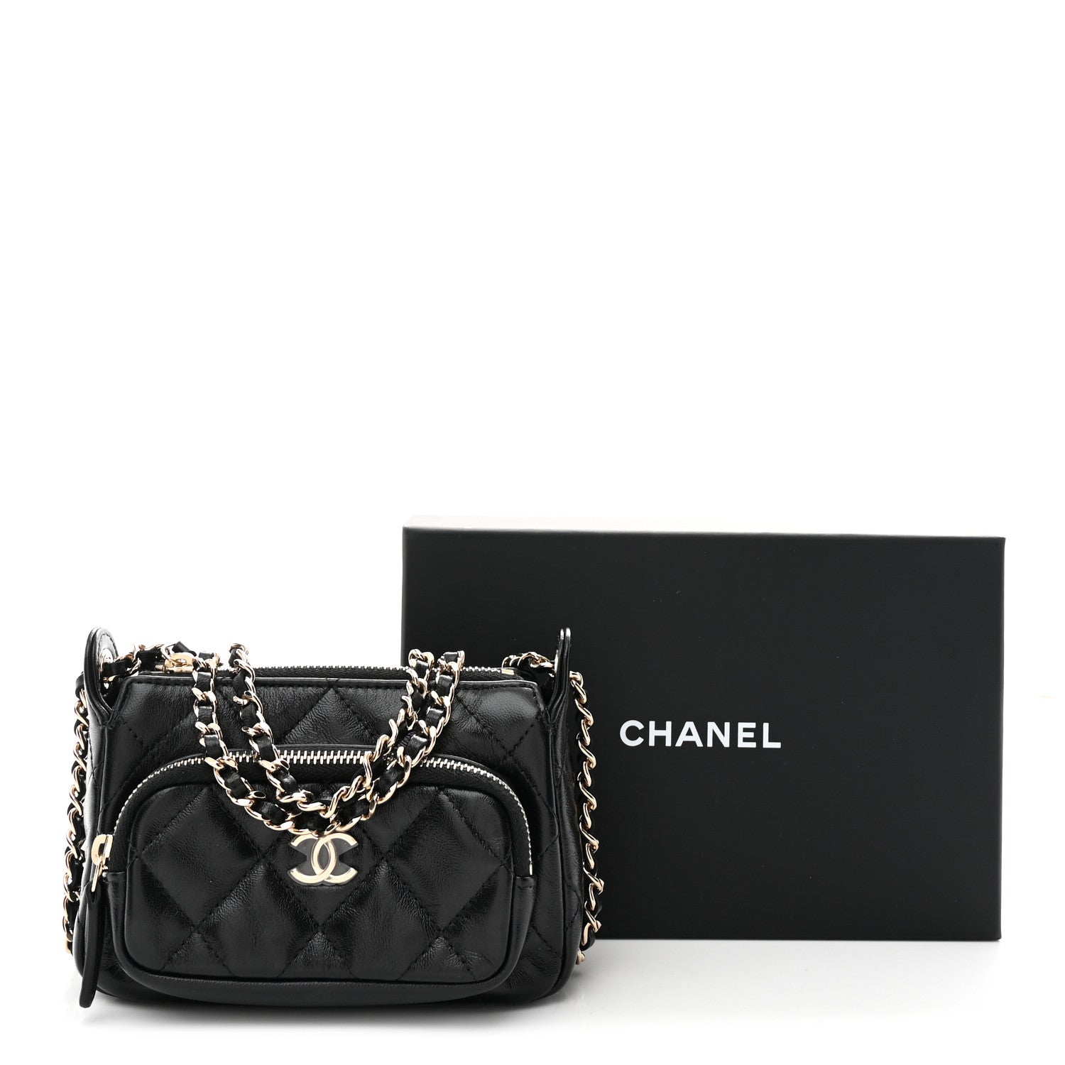 Chanel Shiny Crumpled Lambskin Quilted Mini Clutch With Chain Black