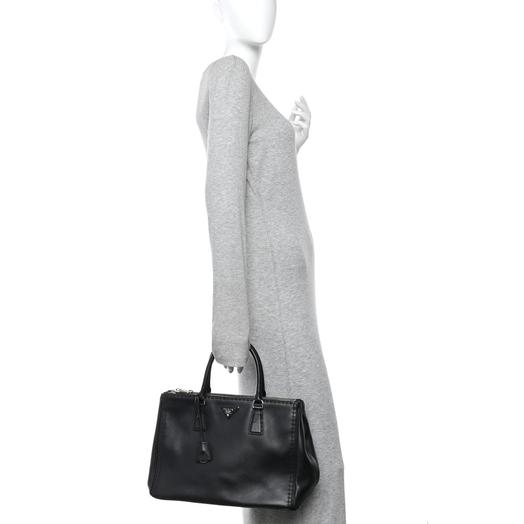 Prada City Calf Hand Stitched Large Galleria Double Zip Tote Black