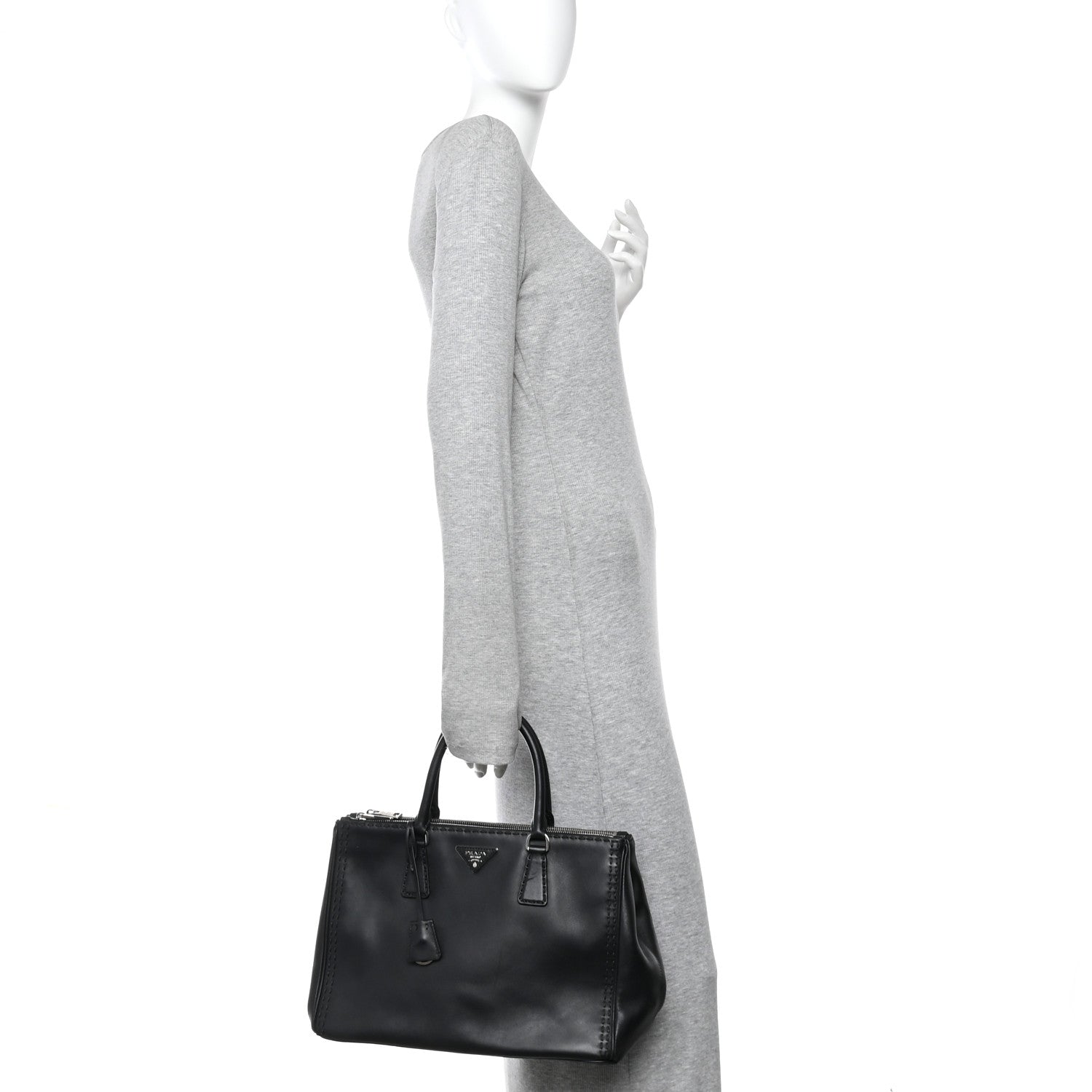 Prada City Calf Hand Stitched Large Galleria Double Zip Tote Black