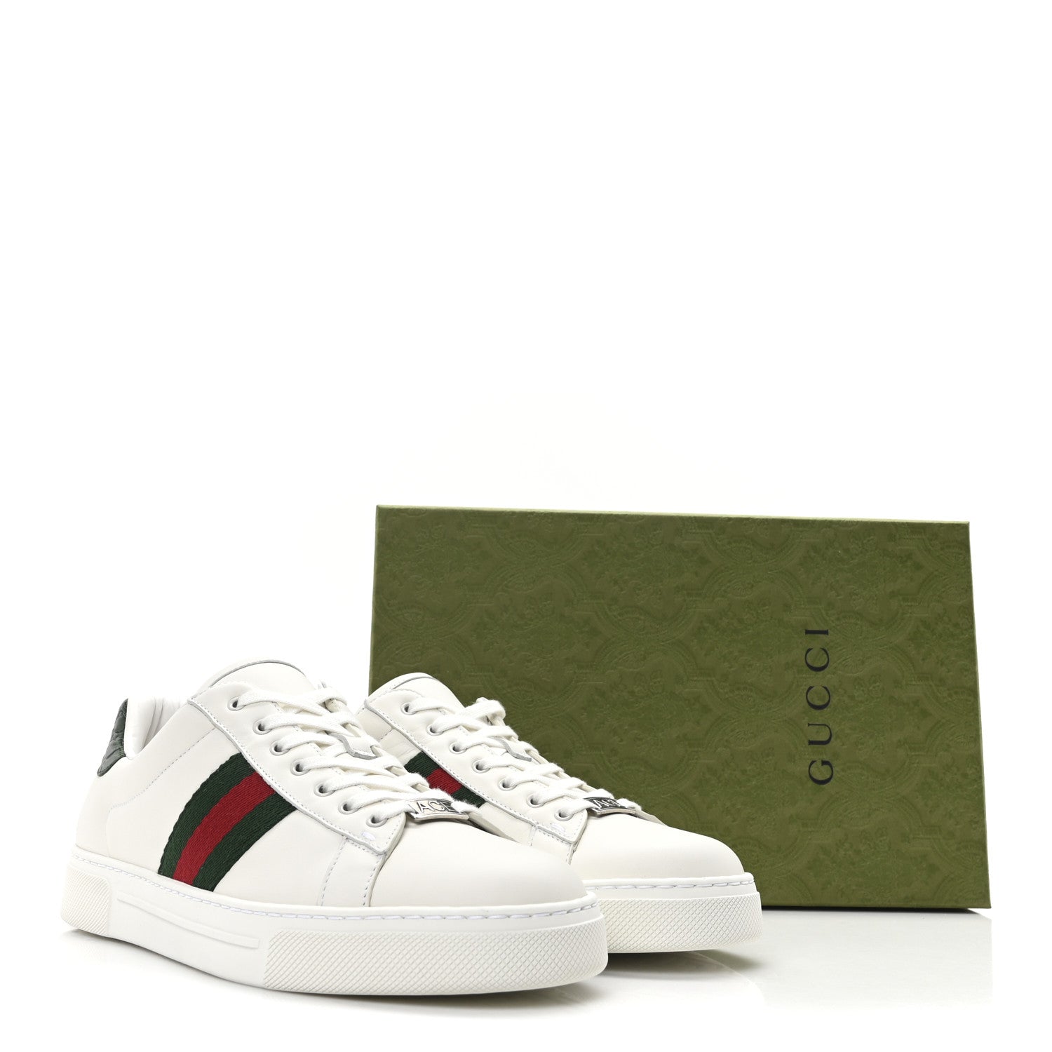 Gucci Calfskin Crocodile Web Womens Ace Sneakers 39.5 White Green
