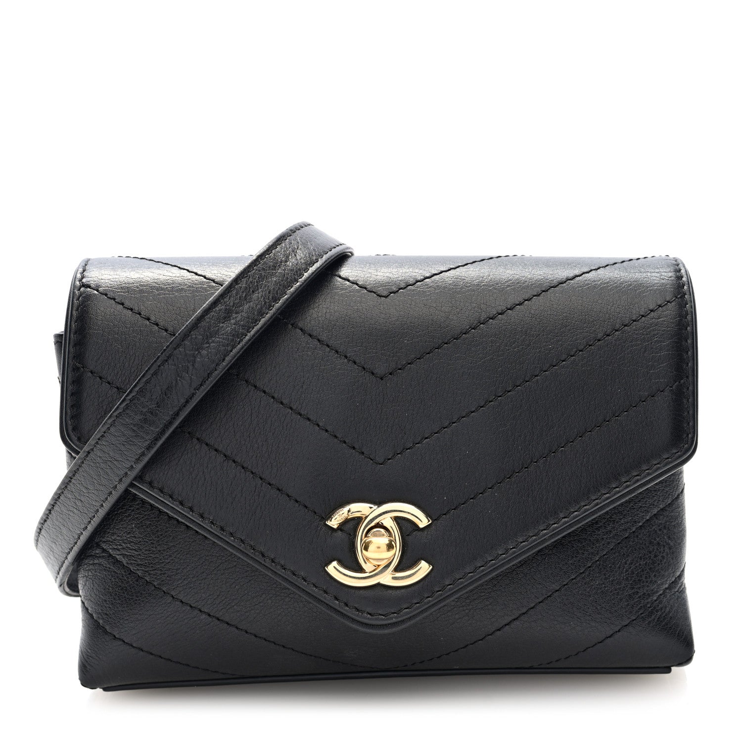 Chanel Calfskin Chevron Stitched Coco Waist Bag Black