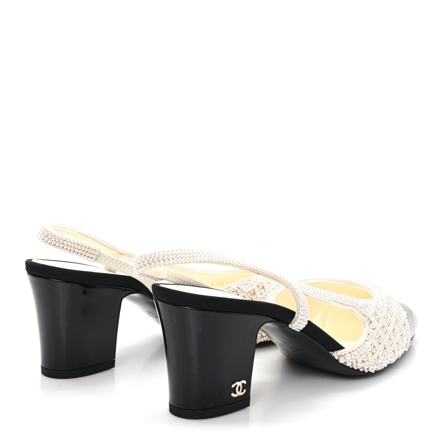 Pearl Patent Cap Toe CC Slingback Pumps 37 Ivory Black
