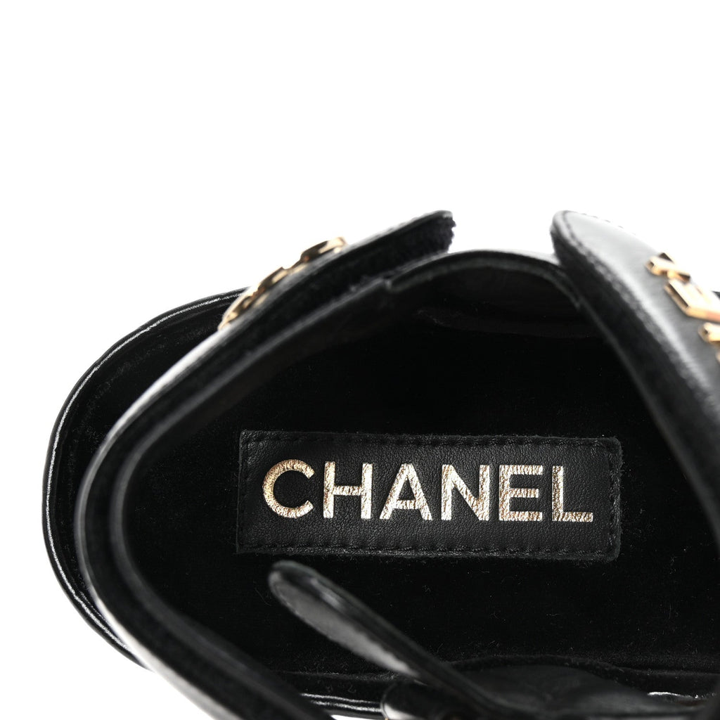 Chanel Shiny Calfskin Logo Platform Sandals 37 Black