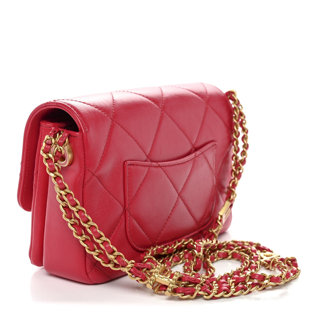Chanel Lambskin Quilted Enamel Chain Logo Mini Flap Red
