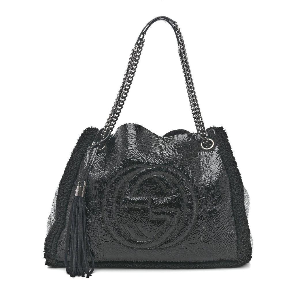 Gucci Patent Shearling Medium Soho Chain Shoulder Bag Black