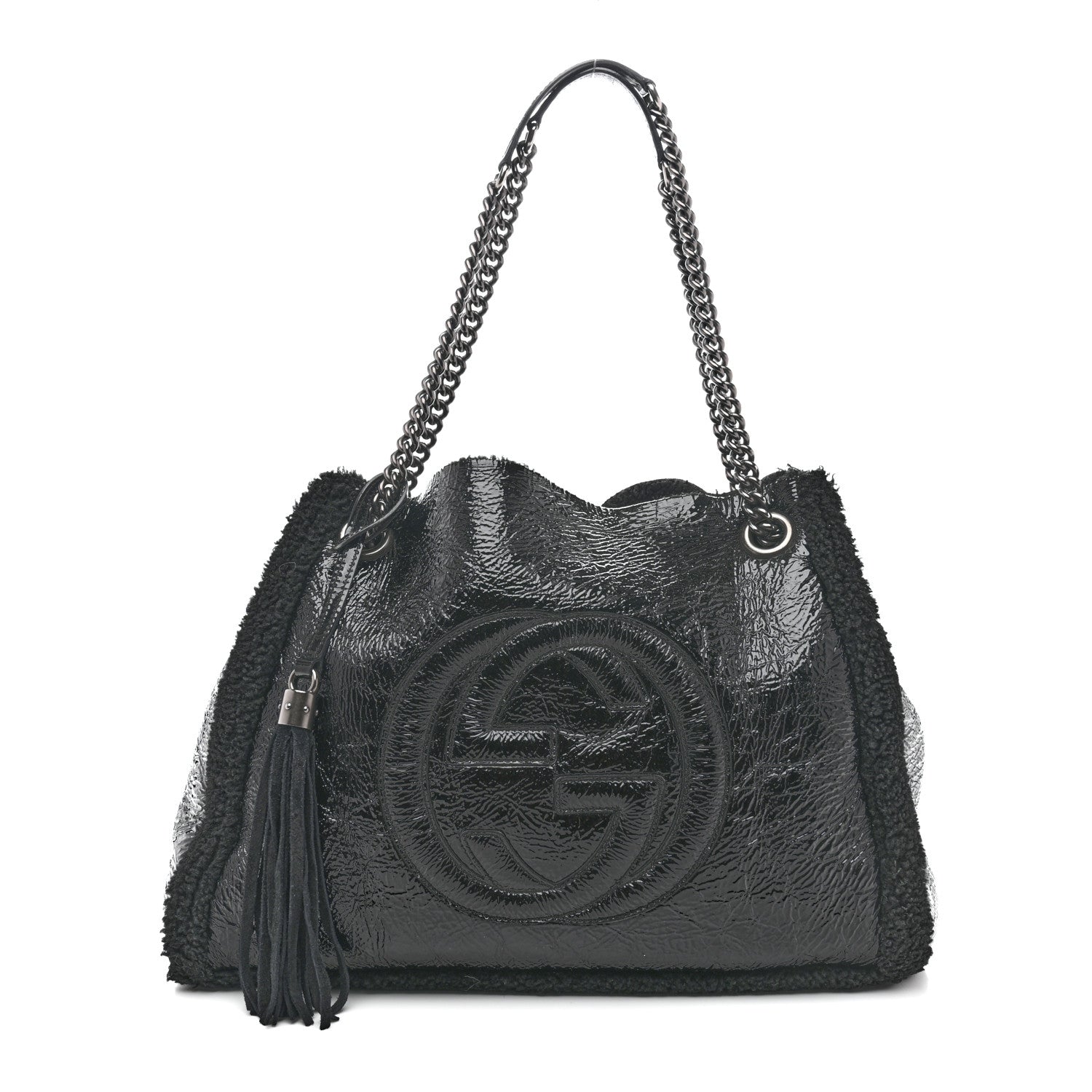 Gucci Patent Shearling Medium Soho Chain Shoulder Bag Black