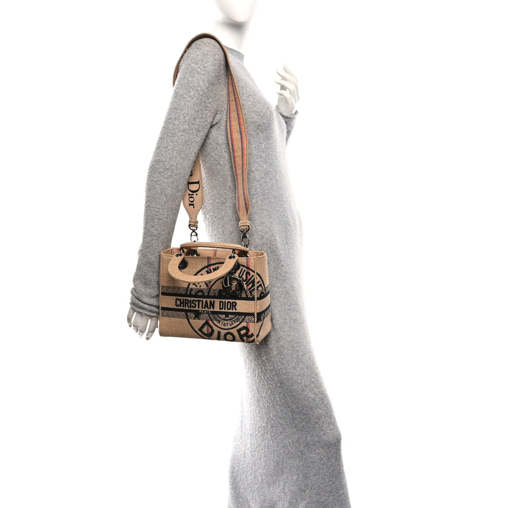 Christian Dior Canvas Jute Embroidered Medium Lady D-Lite Beige Multicolor