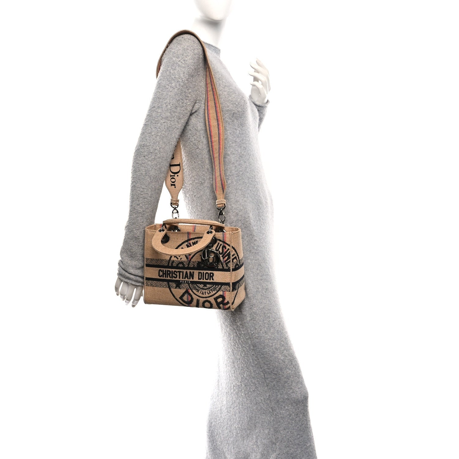Christian Dior Canvas Jute Embroidered Medium Lady D-Lite Beige Multicolor