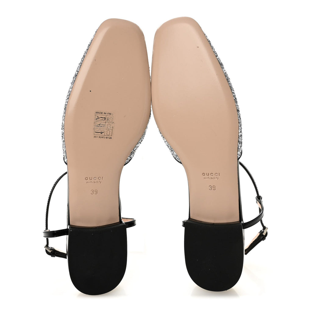Gucci Calfskin Glitter Double G Slingback Flats 39 Silver Black