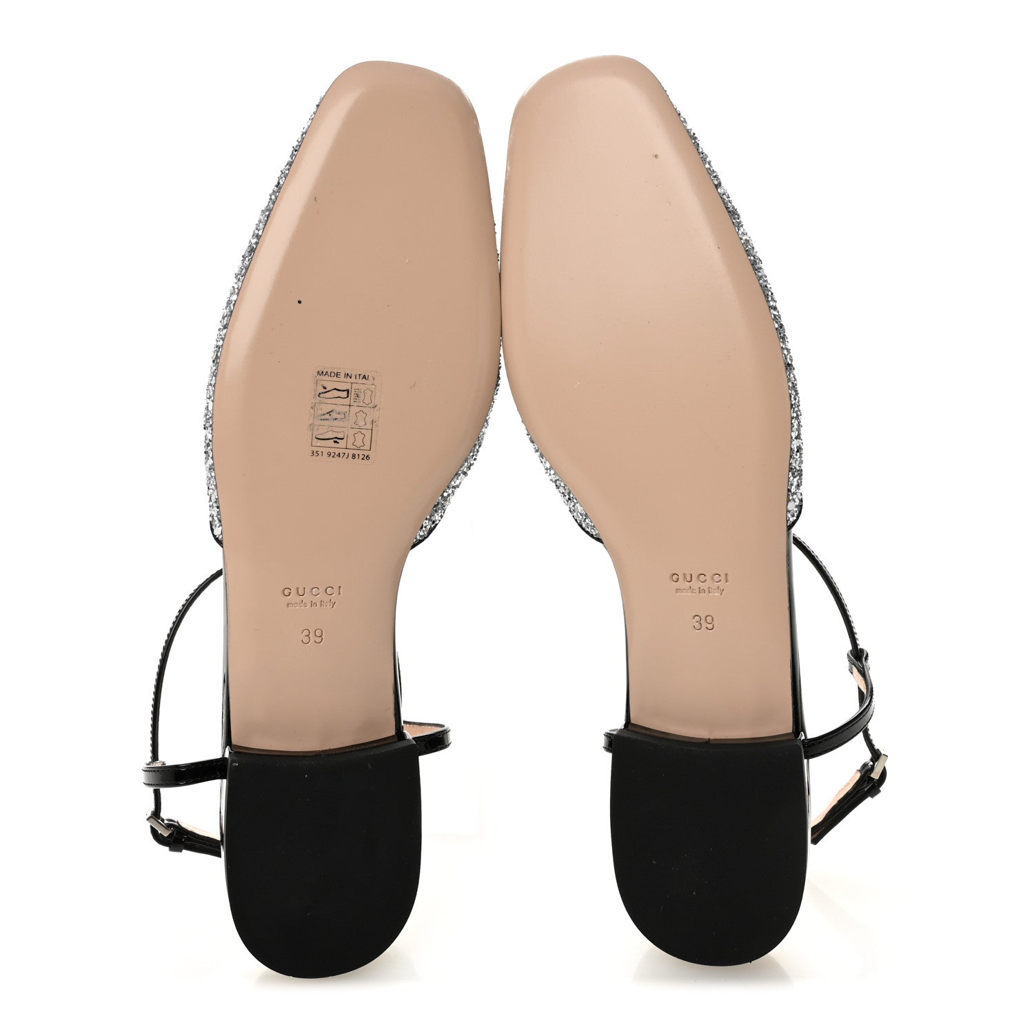 Gucci Calfskin Glitter Double G Slingback Flats 39 Silver Black