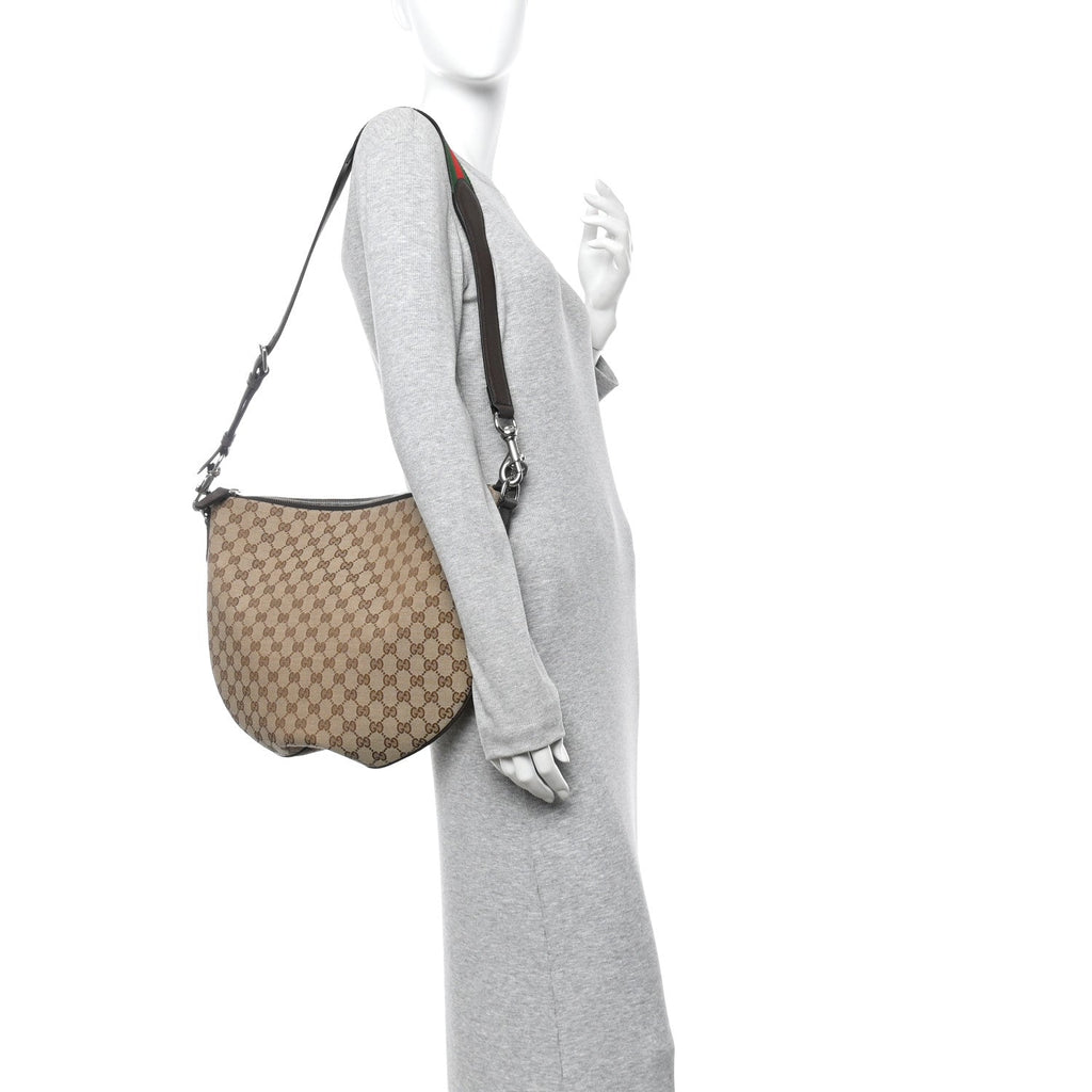 Gucci Monogram Calfskin Web Medium B Shoulder Bag Beige Brown